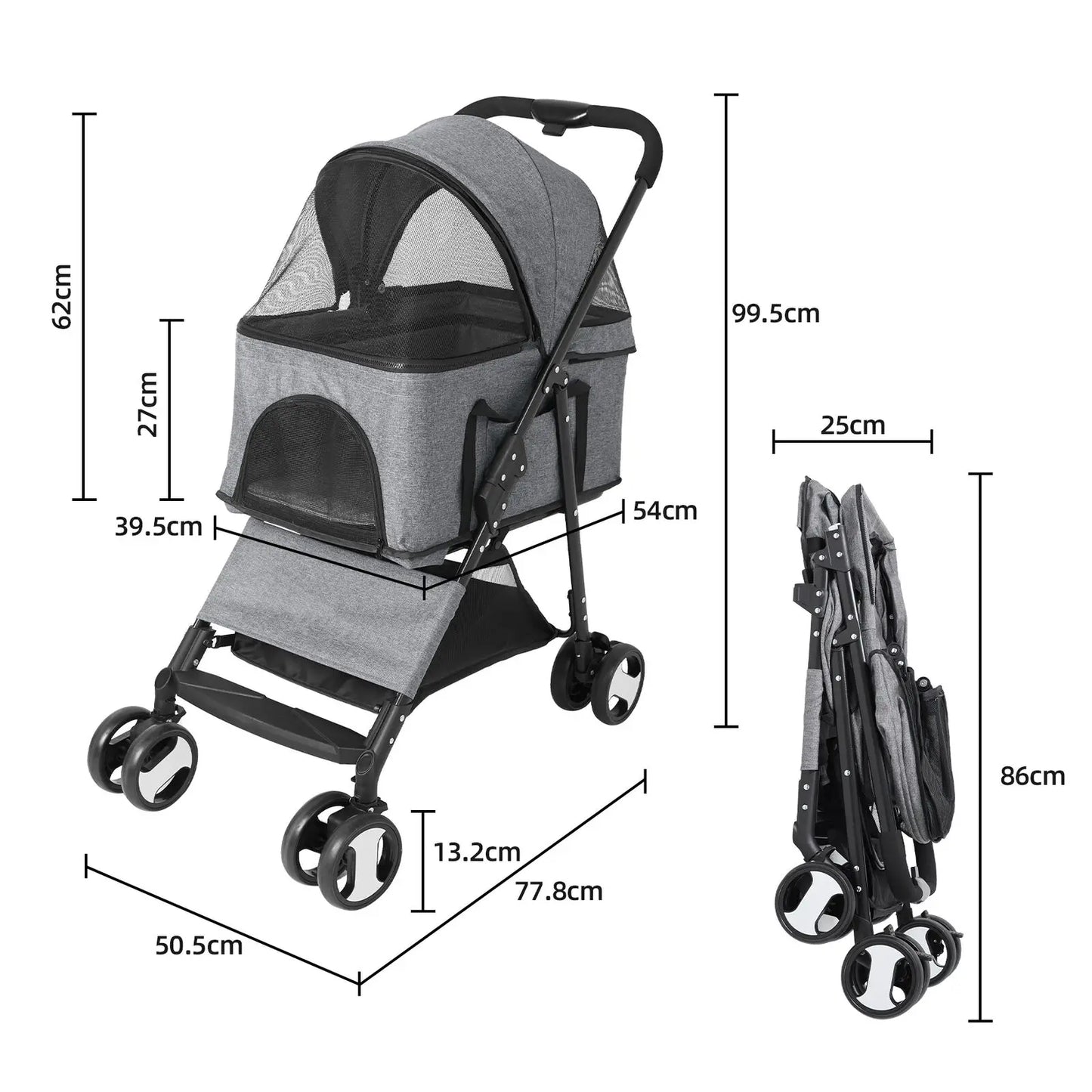Dog Door Pet Stroller 4 Wheel Carrier With Mesh Windows