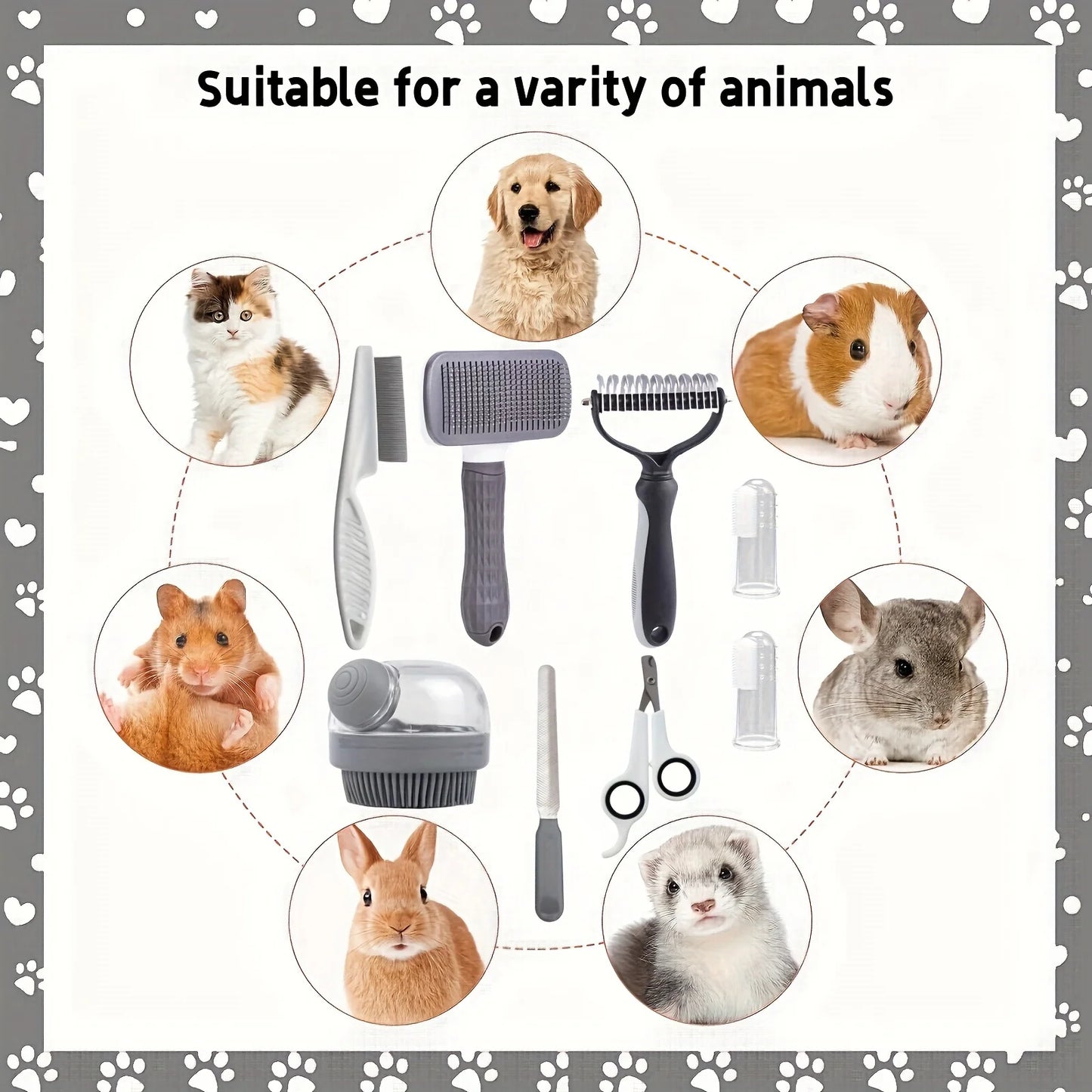 Dog Grooming Kit 8pc Self Cleaning Set With Nail Clippers