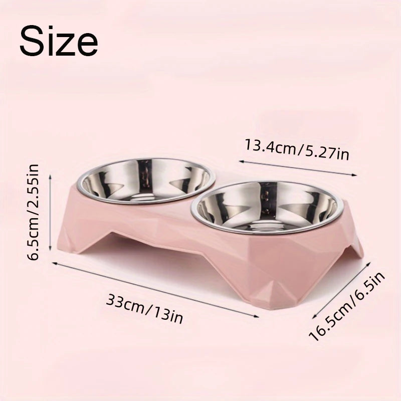 Stainless Steel Pet Double Bowl Diamond Pattern Non Slip Feeder