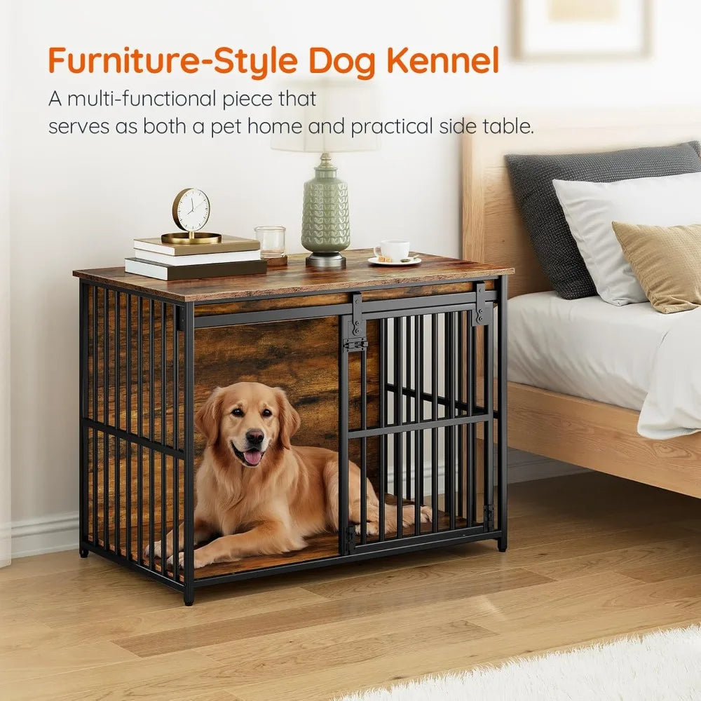 DAFIFY Heavy Duty Dog Crate Furniture With Sliding Barn Door