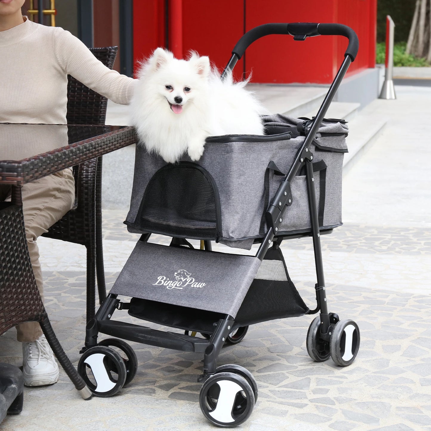 Dog Door Pet Stroller 4 Wheel Carrier With Mesh Windows