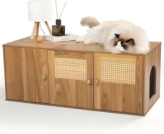 Wooden Cat Litter Box Enclosure With Storage And Divider