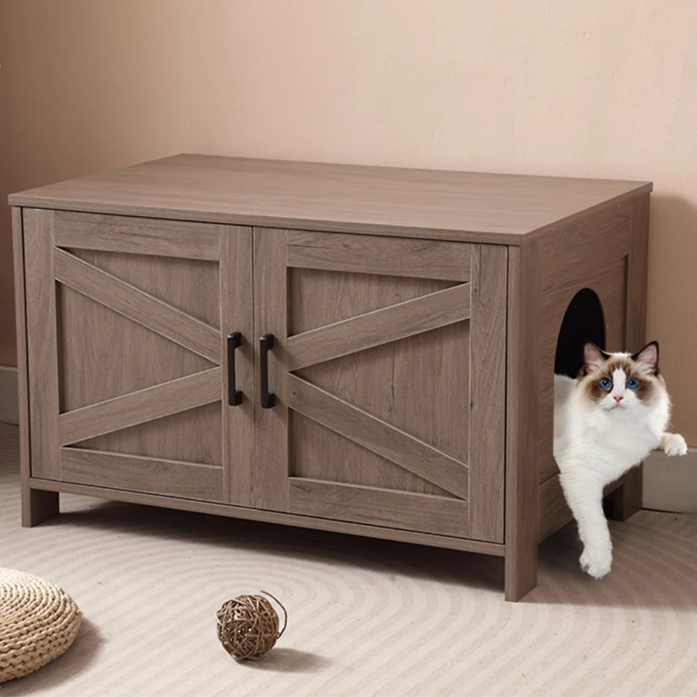 Wooden Cat Litter Box Enclosure End Table With Barn Door