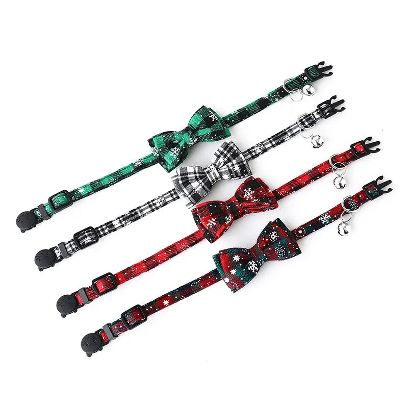 CN Guangdong Christmas Bowknot Pet Collar With Bell Plaid