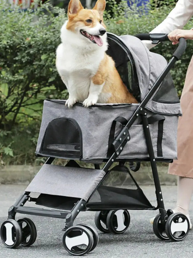 Dog Door Pet Stroller 4 Wheel Carrier With Mesh Windows
