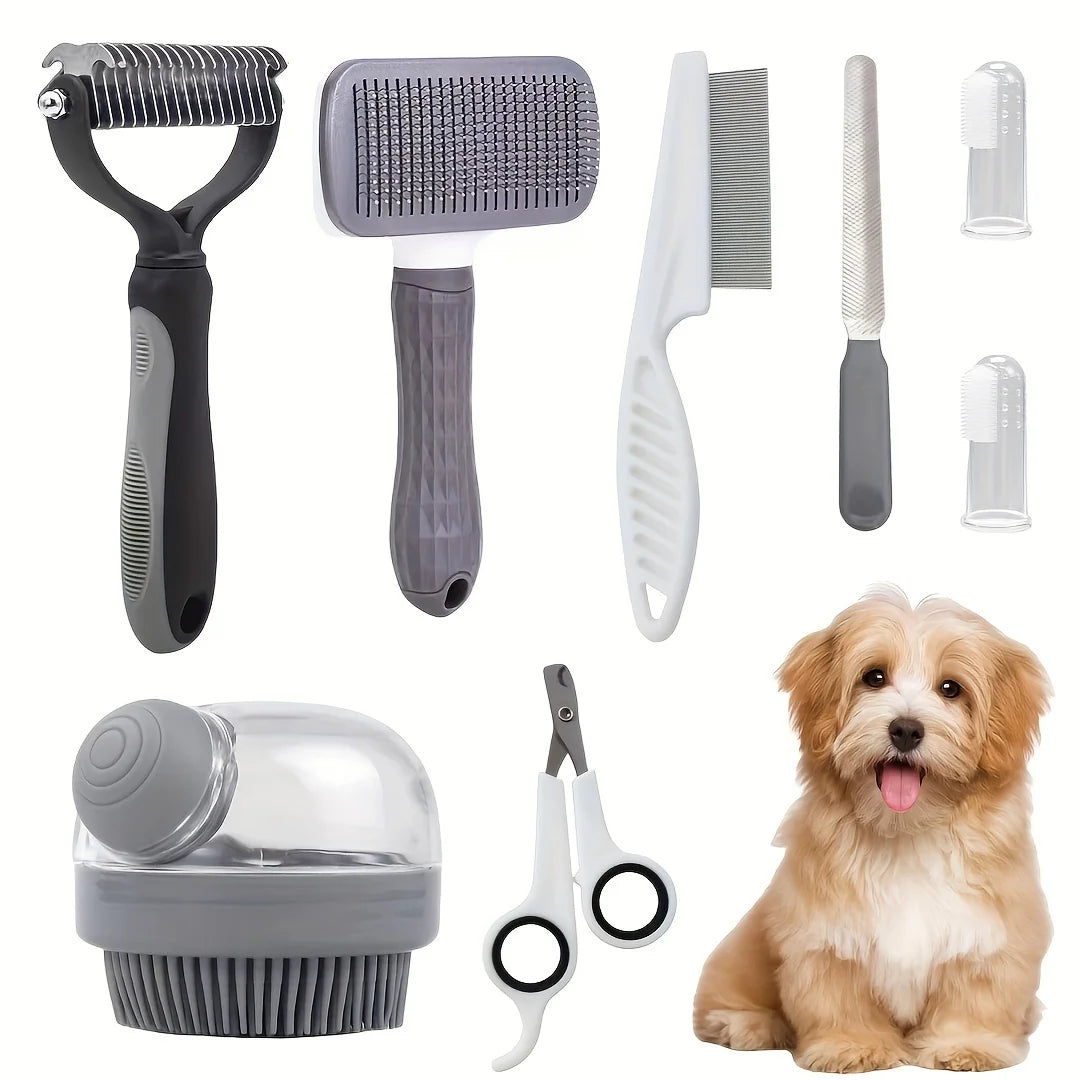 Dog Grooming Kit 8pc Self Cleaning Set With Nail Clippers