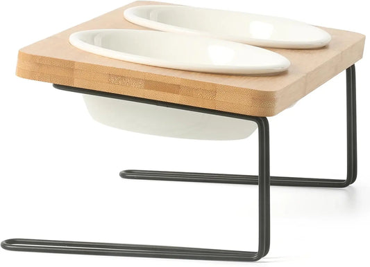 Elevated Cat Ceramic Bowls With Tilted Bamboo Stand