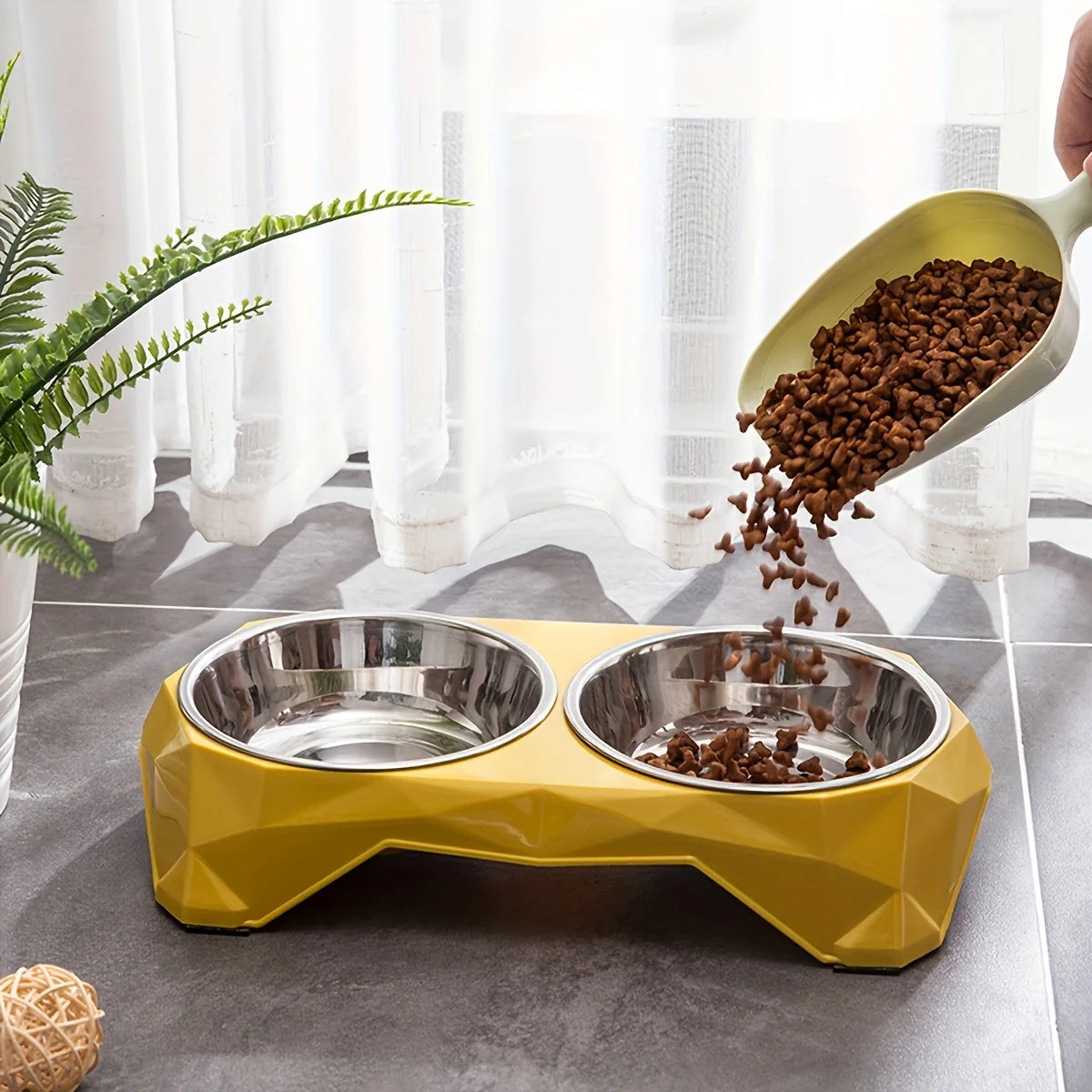 Stainless Steel Pet Double Bowl Diamond Pattern Non Slip Feeder
