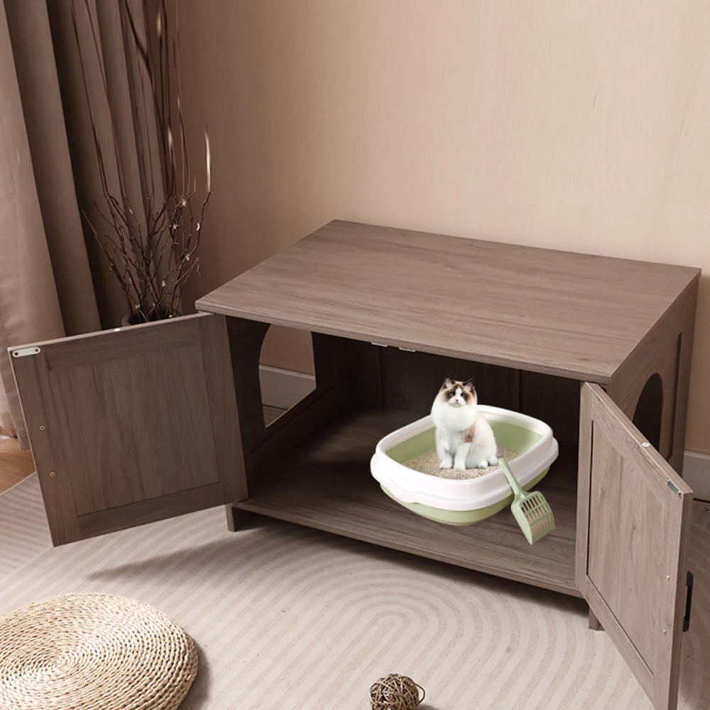 Wooden Cat Litter Box Enclosure End Table With Barn Door