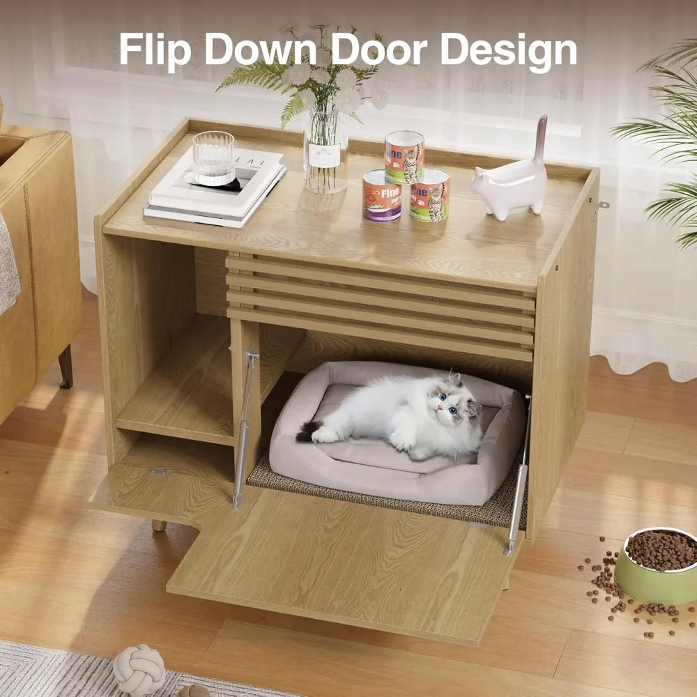 H Mid-Century Modern Litter Box Enclosure With Flip-Down Door