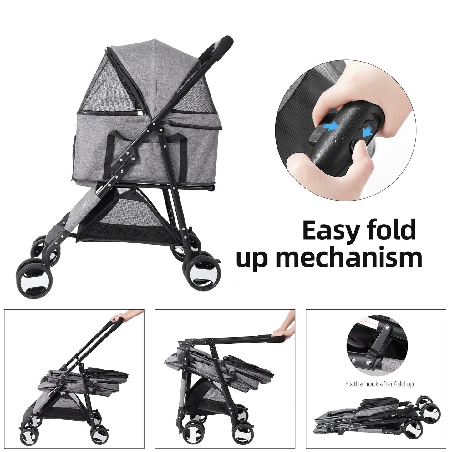 Dog Door Pet Stroller 4 Wheel Carrier With Mesh Windows