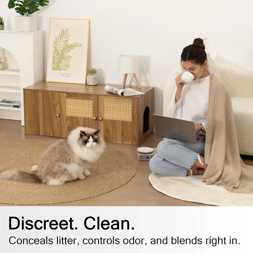 Wooden Cat Litter Box Enclosure With Storage And Divider