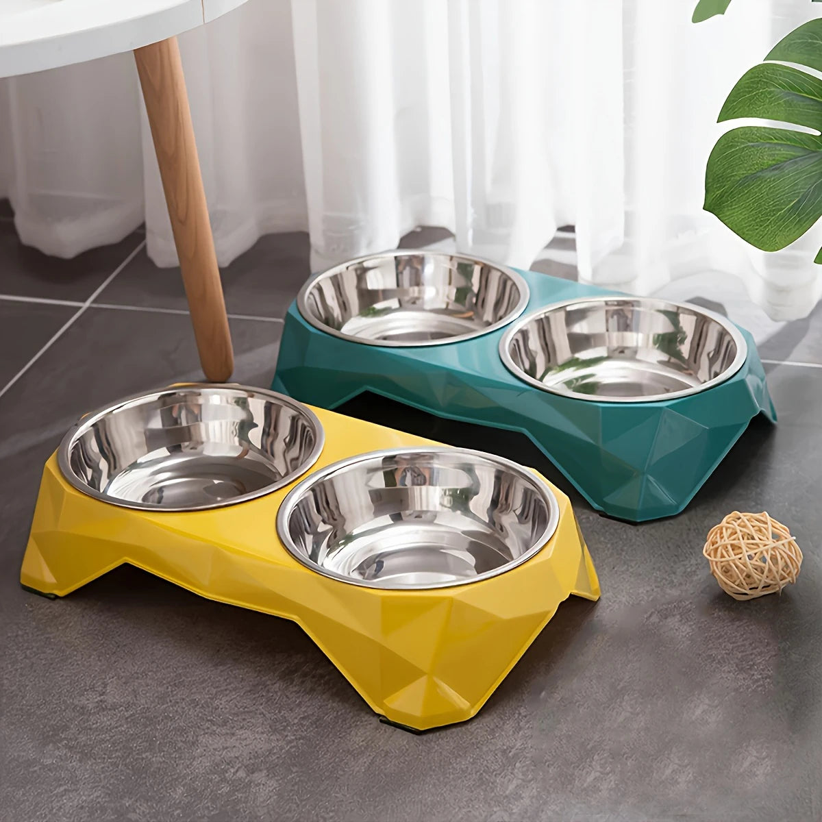 Stainless Steel Pet Double Bowl Diamond Pattern Non Slip Feeder