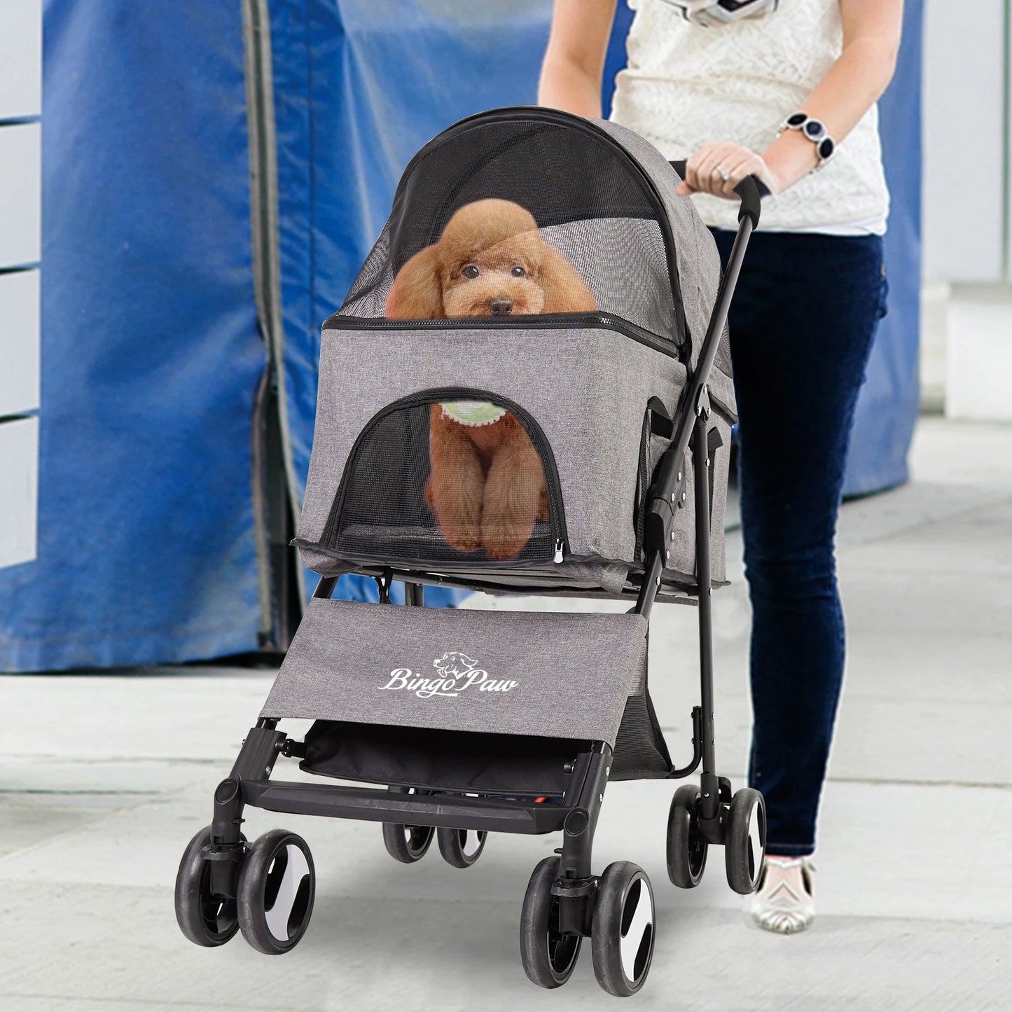 Dog Door Pet Stroller 4 Wheel Carrier With Mesh Windows
