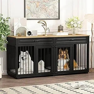 DAFIFY Wooden Dog Crate With Drawers And Divider Lockable