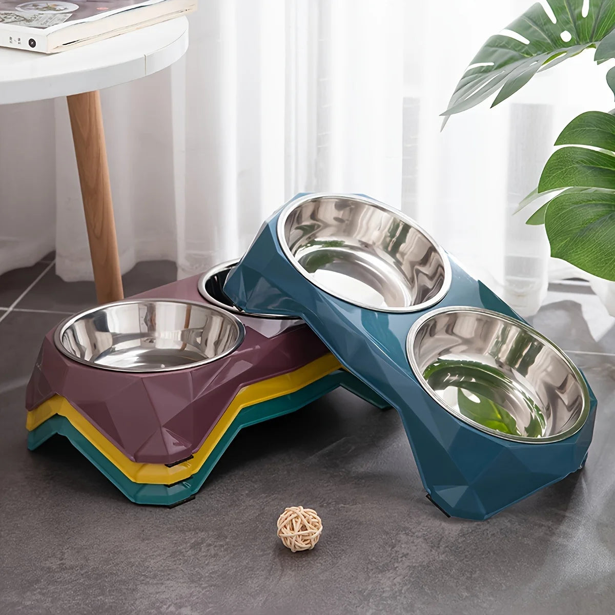 Stainless Steel Pet Double Bowl Diamond Pattern Non Slip Feeder