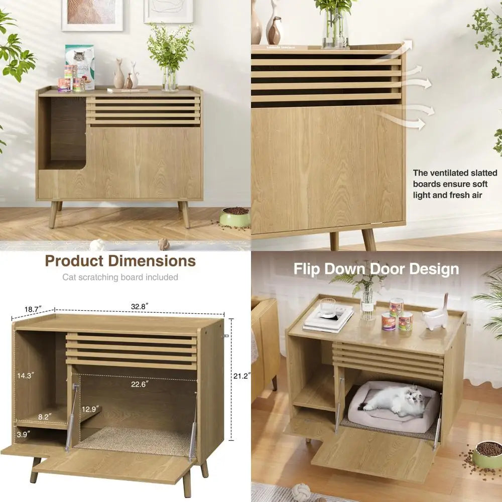 H Mid-Century Modern Litter Box Enclosure With Flip-Down Door