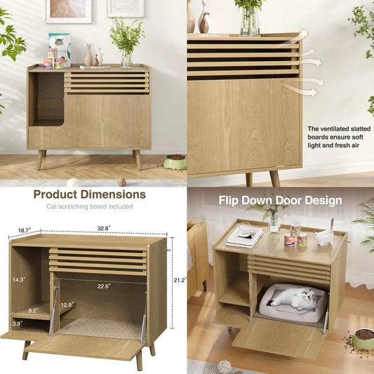 H Mid-Century Modern Litter Box Enclosure With Flip-Down Door