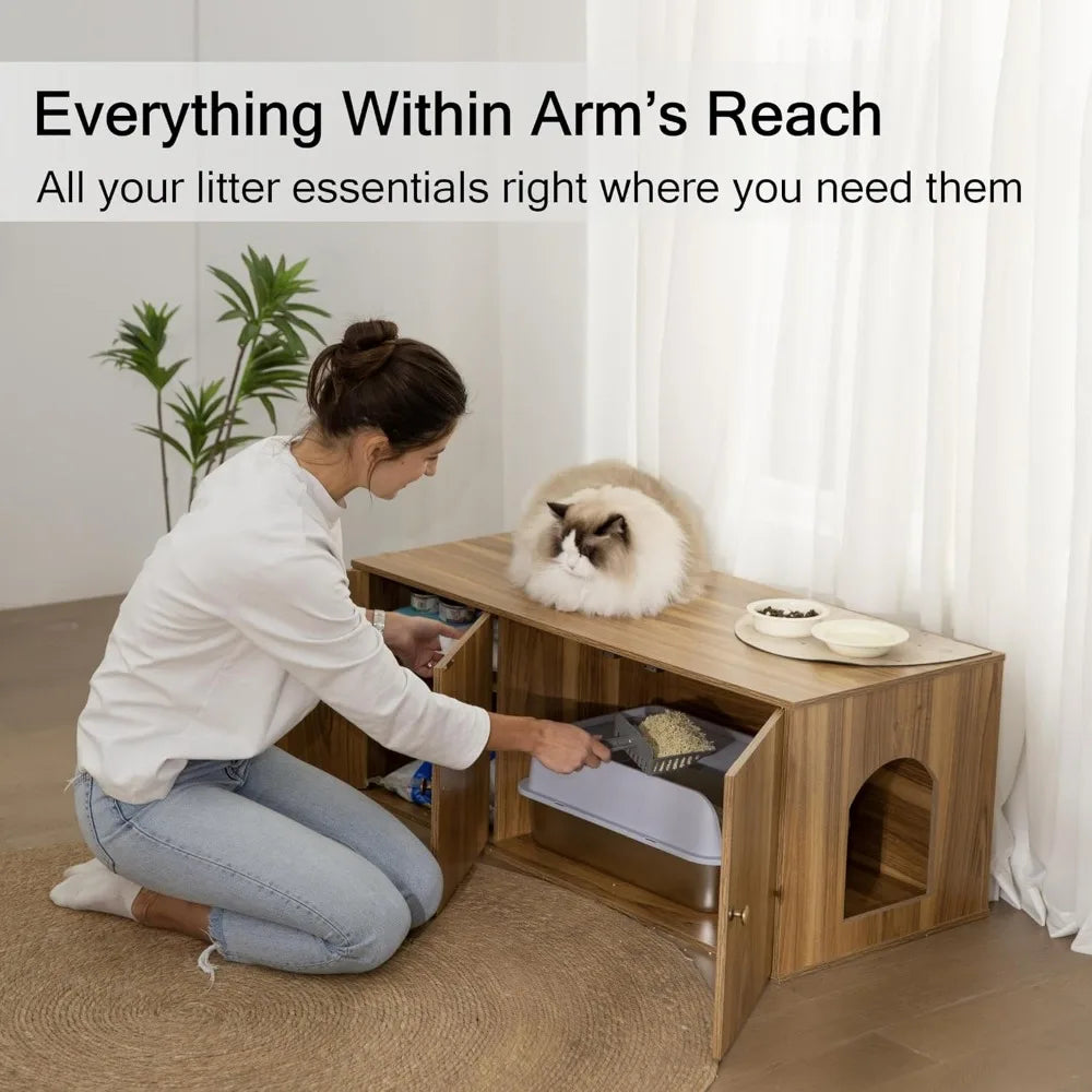 Wooden Cat Litter Box Enclosure With Storage And Divider