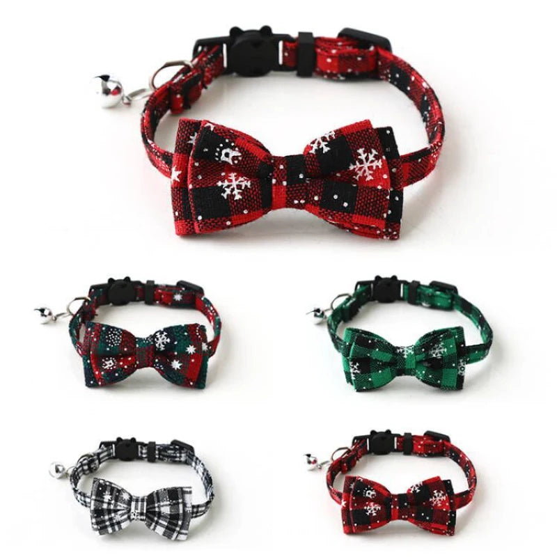 CN Guangdong Christmas Bowknot Pet Collar With Bell Plaid
