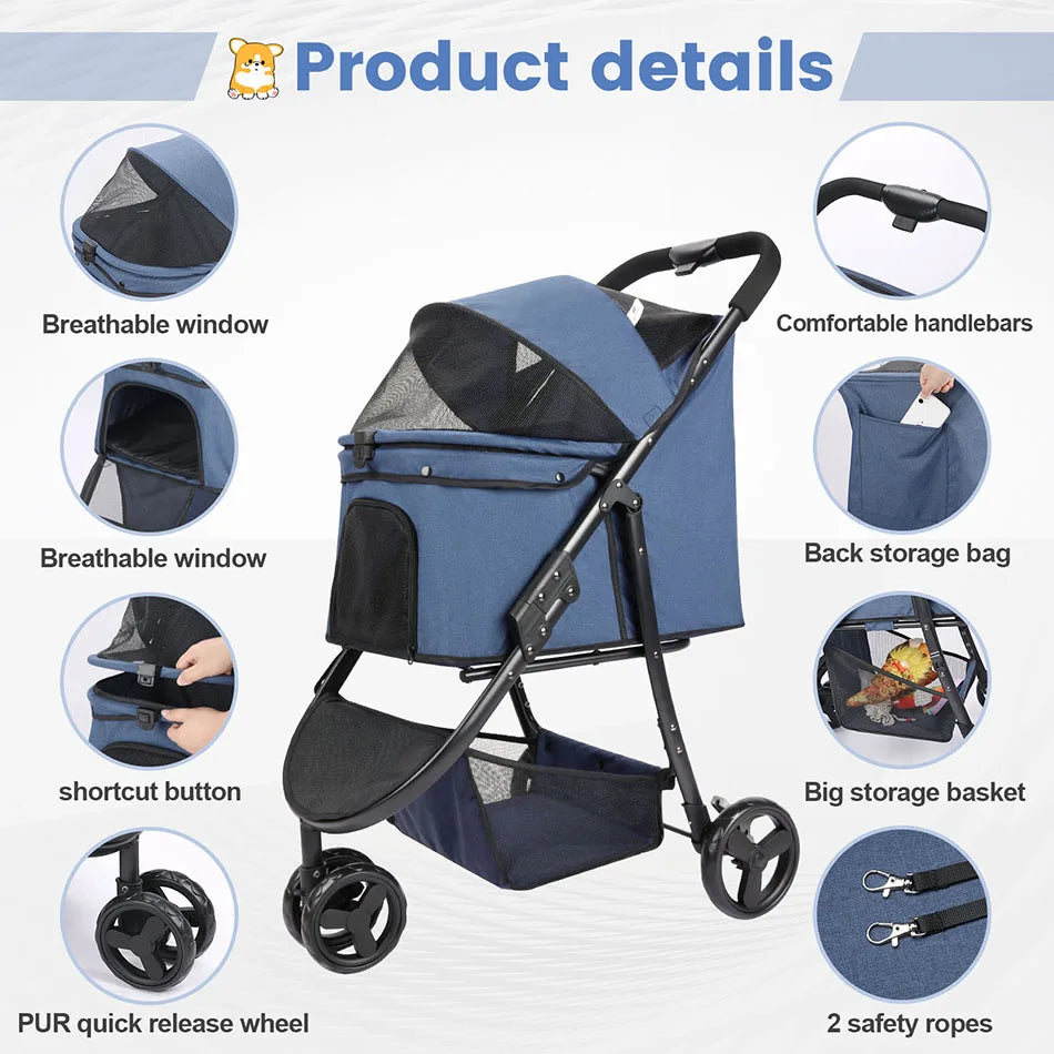 Wedyvko Pet Stroller Bag Travel Foldable 3-Wheel Carrier