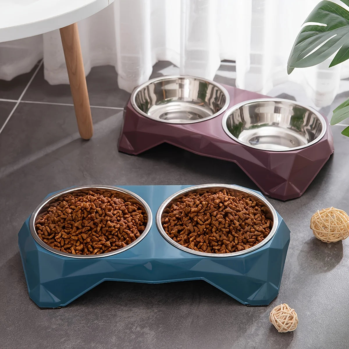 Stainless Steel Pet Double Bowl Diamond Pattern Non Slip Feeder