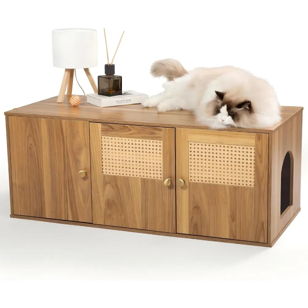 Wooden Cat Litter Box Enclosure With Storage And Divider