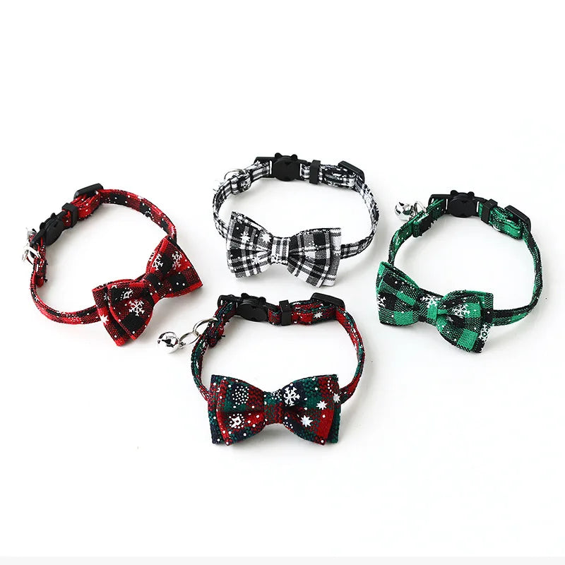 CN Guangdong Christmas Bowknot Pet Collar With Bell Plaid