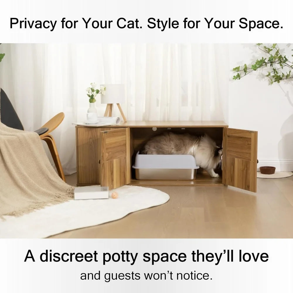 Wooden Cat Litter Box Enclosure With Storage And Divider