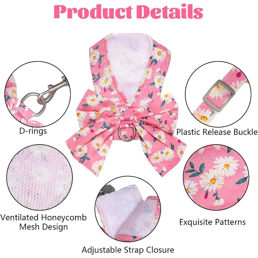 Adjustable Dog Harness And Leash Set Mesh Vest Bow Knot