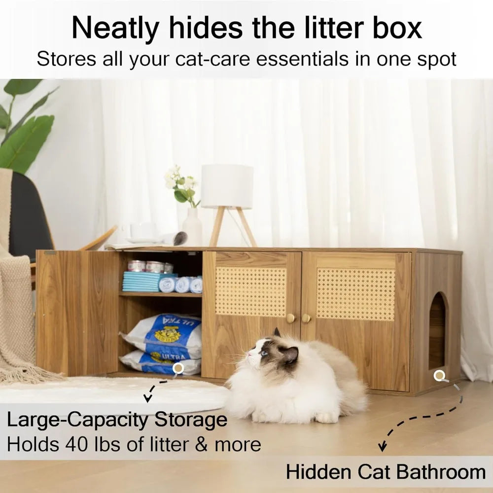 Wooden Cat Litter Box Enclosure With Storage And Divider