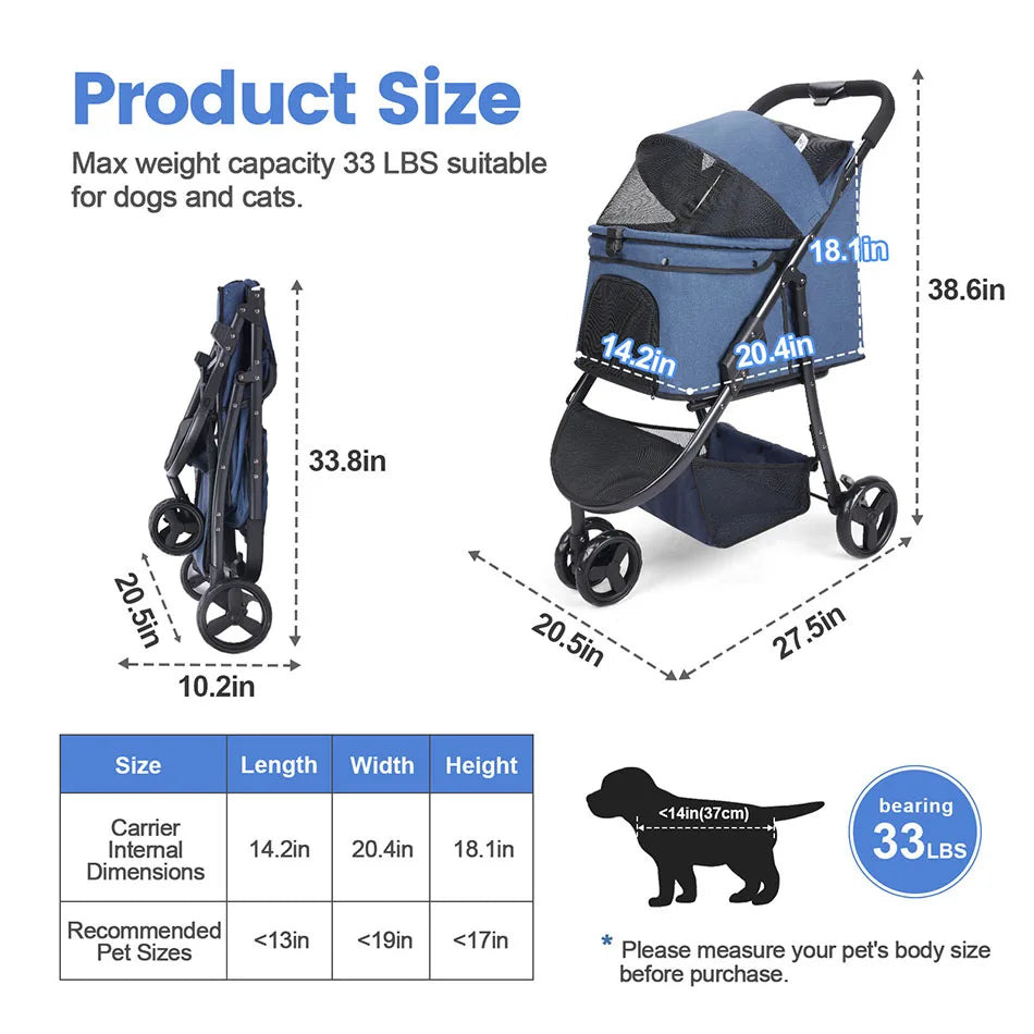 Wedyvko Pet Stroller Bag Travel Foldable 3-Wheel Carrier
