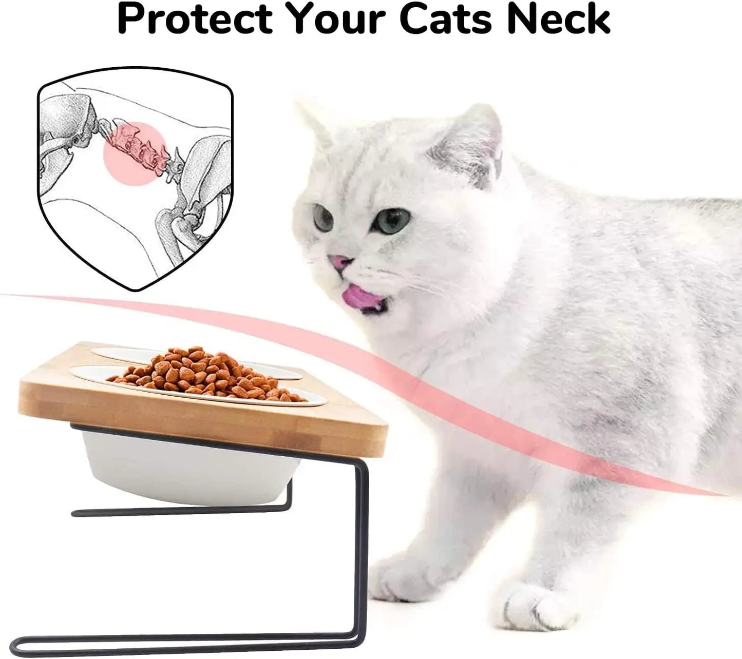 Elevated Cat Ceramic Bowls With Tilted Bamboo Stand