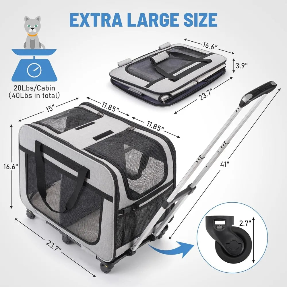 TIFICY Double Pet Carrier With Wheels For Small Dogs Cats
