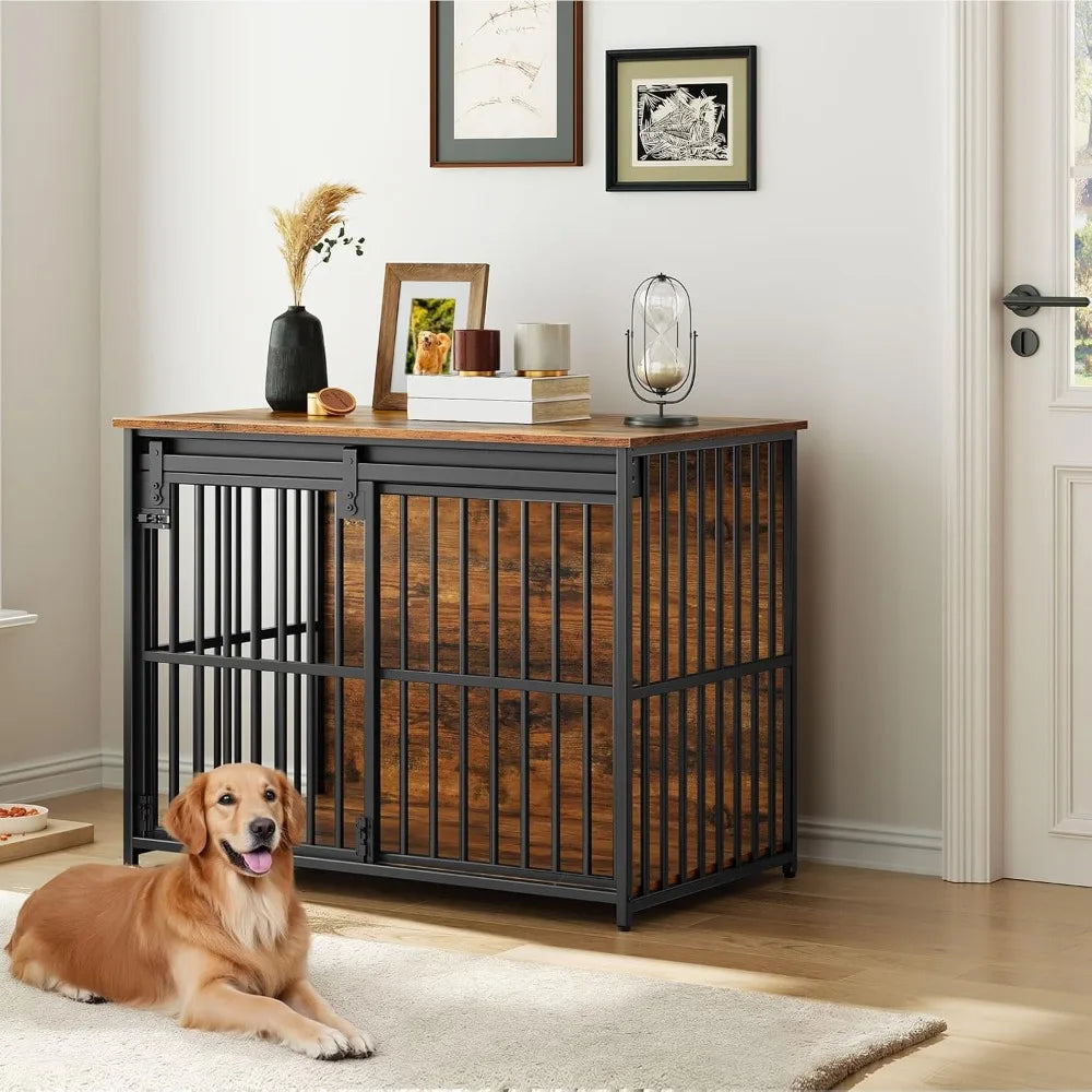 DAFIFY Heavy Duty Dog Crate Furniture With Sliding Barn Door